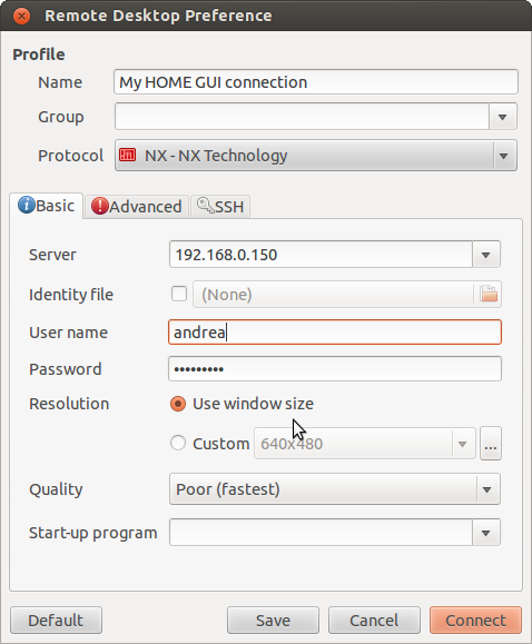 Remmina basic connection tab