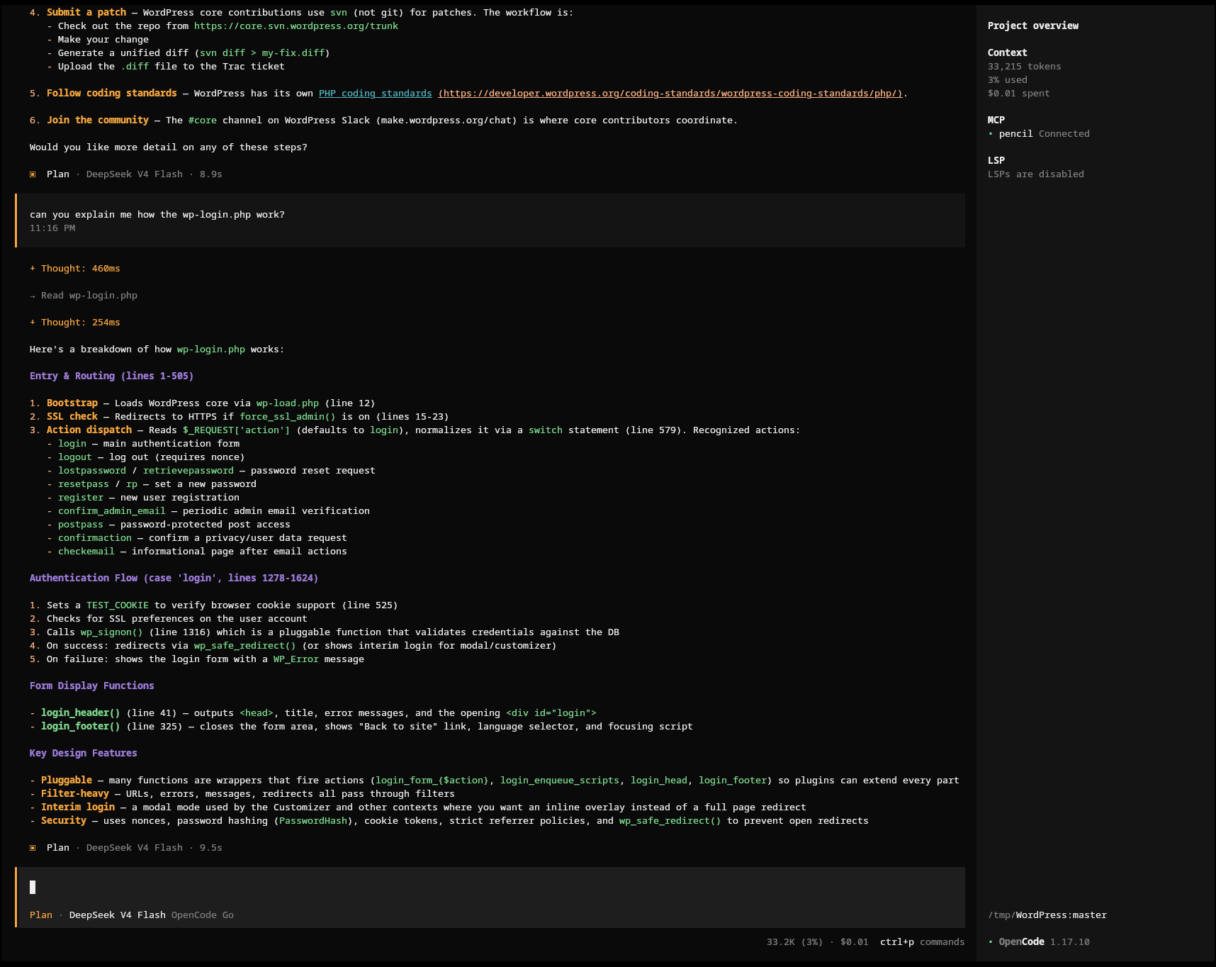 OpenCode CLI interface showing structured AI response about WordPress wp-login.php